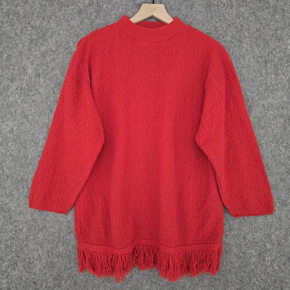 Vintage Willow Ridge Sweater Womens XL Red Fringe Hem Mock Neck Knit Pullover